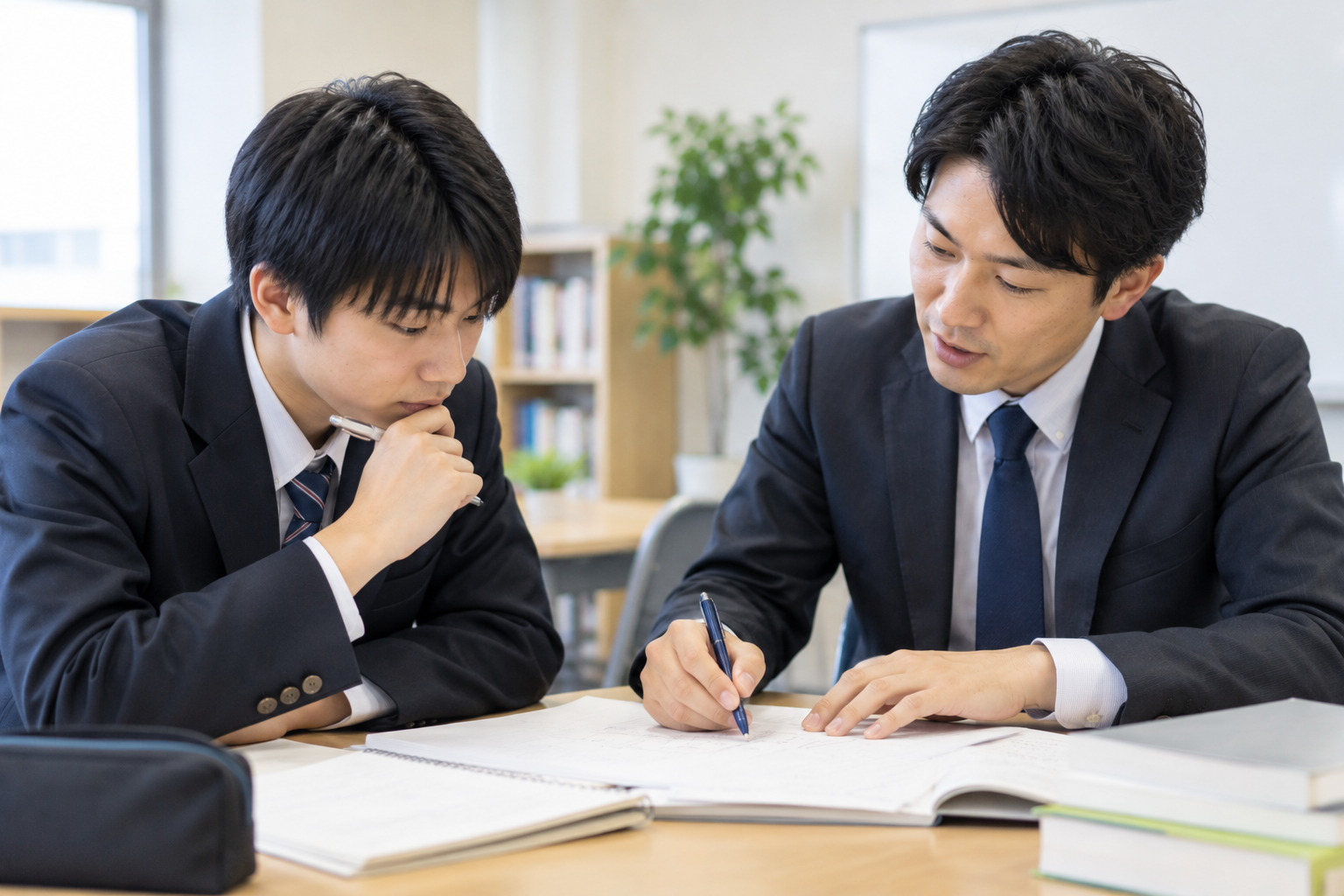 日本語や英語とドイツ語の文法や表現を比較して学ぶ高校生のイメージ